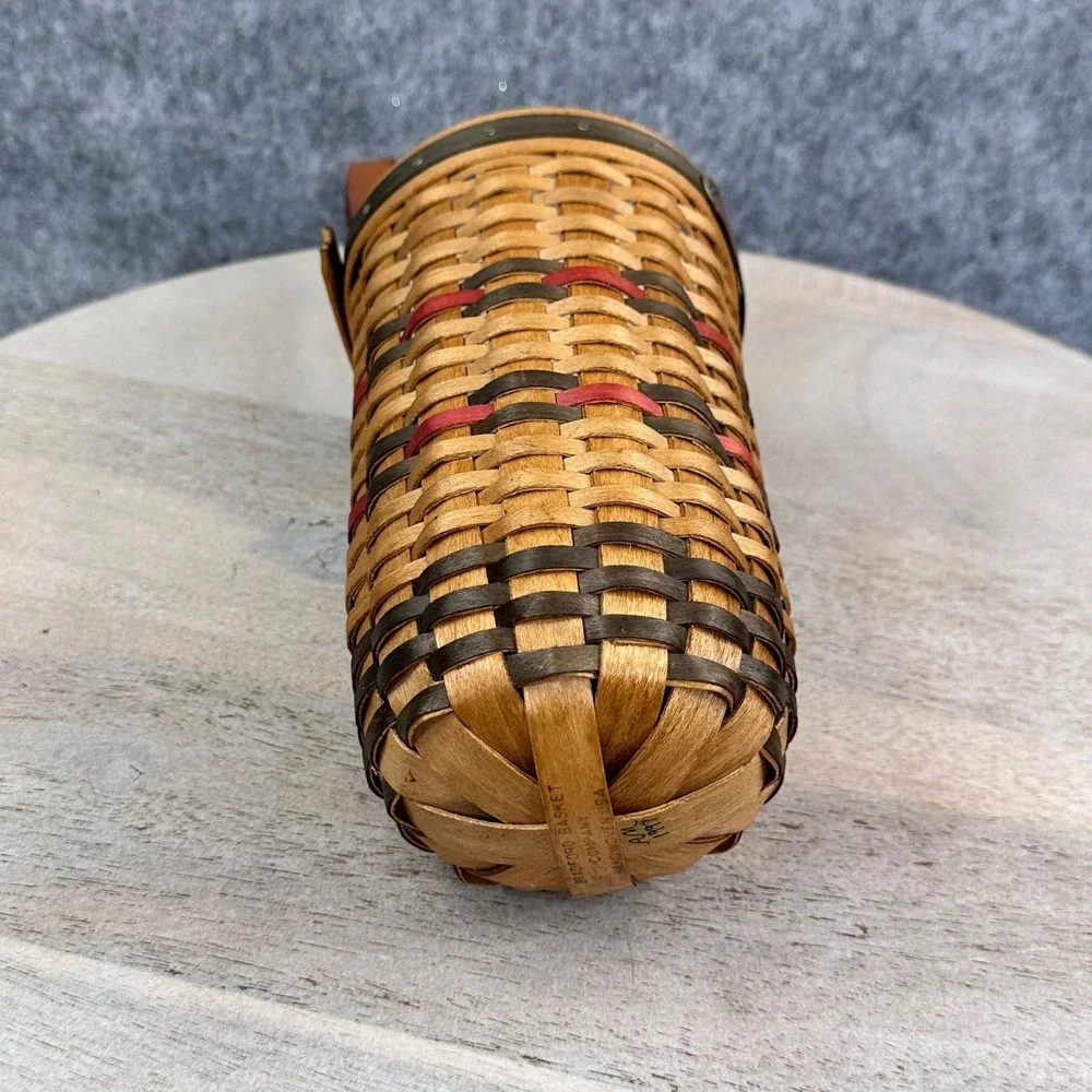 Bradford Basket Company 1997 Christmas Candle Basket Woven Wood Leather Handle